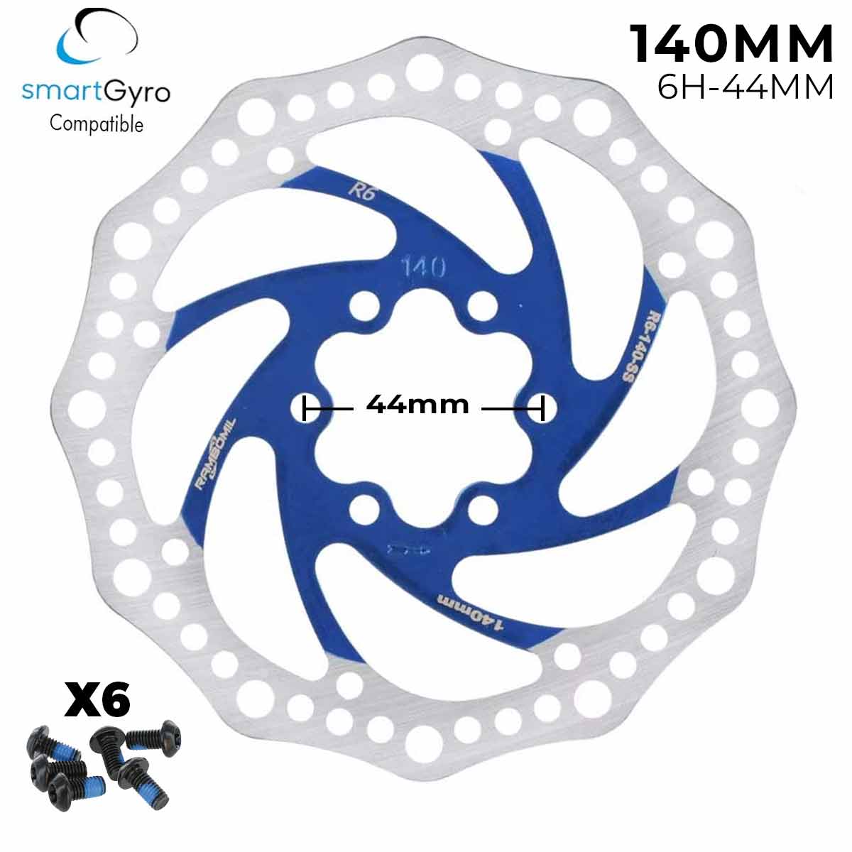 Accesorio para patinetes eléctricos - Disco de freno 140mm azul (Smartgyro / Kugoo y similares) - Dentado (6H -44MM)