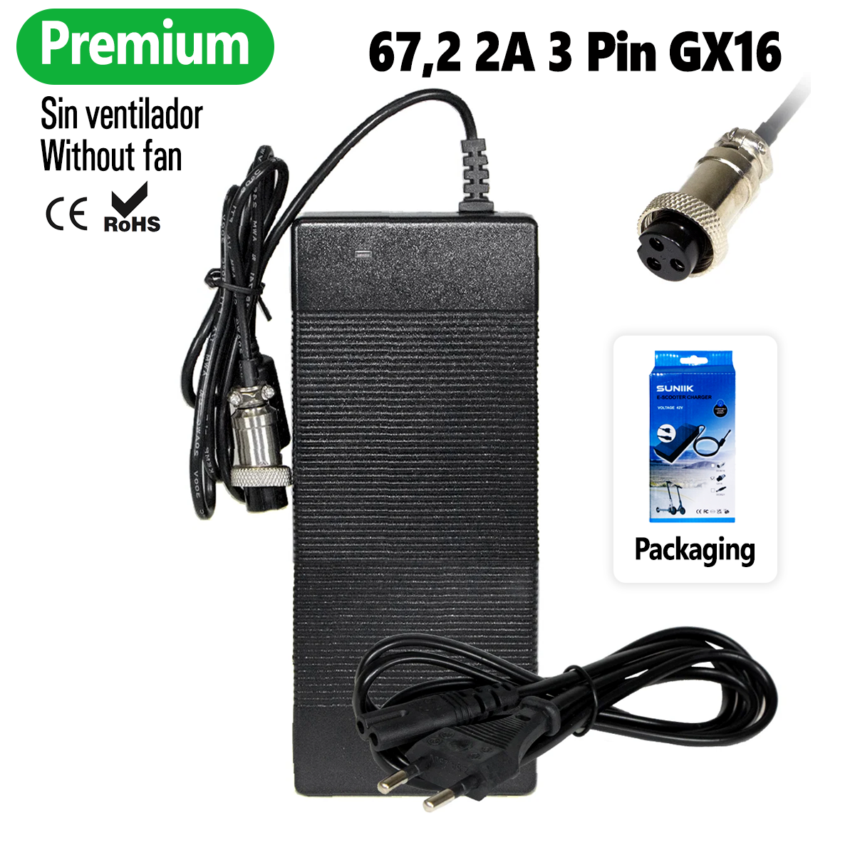 Accesorio para patinetes eléctricos - Cargador premium 67.2V 2A (conector 3 Pines GX16)