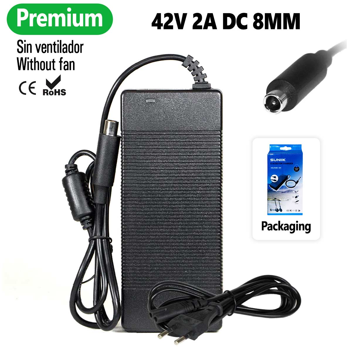 Accesorio para patinetes eléctricos - Cargador premium para Xiaomi y Ninebot 42V 2A (conector DC8MM)