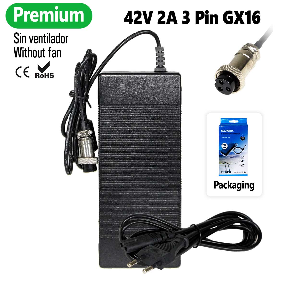 Accesorio para patinetes eléctricos - Cargador premium 42V 2A (conector 3 Pines GX16)