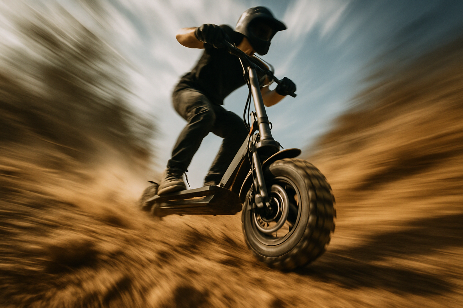 una persona vista desde un angulo bajo y difuminado, yendo en patinete electrico offroad. Imagen con desenfoque pero mucho movimiento